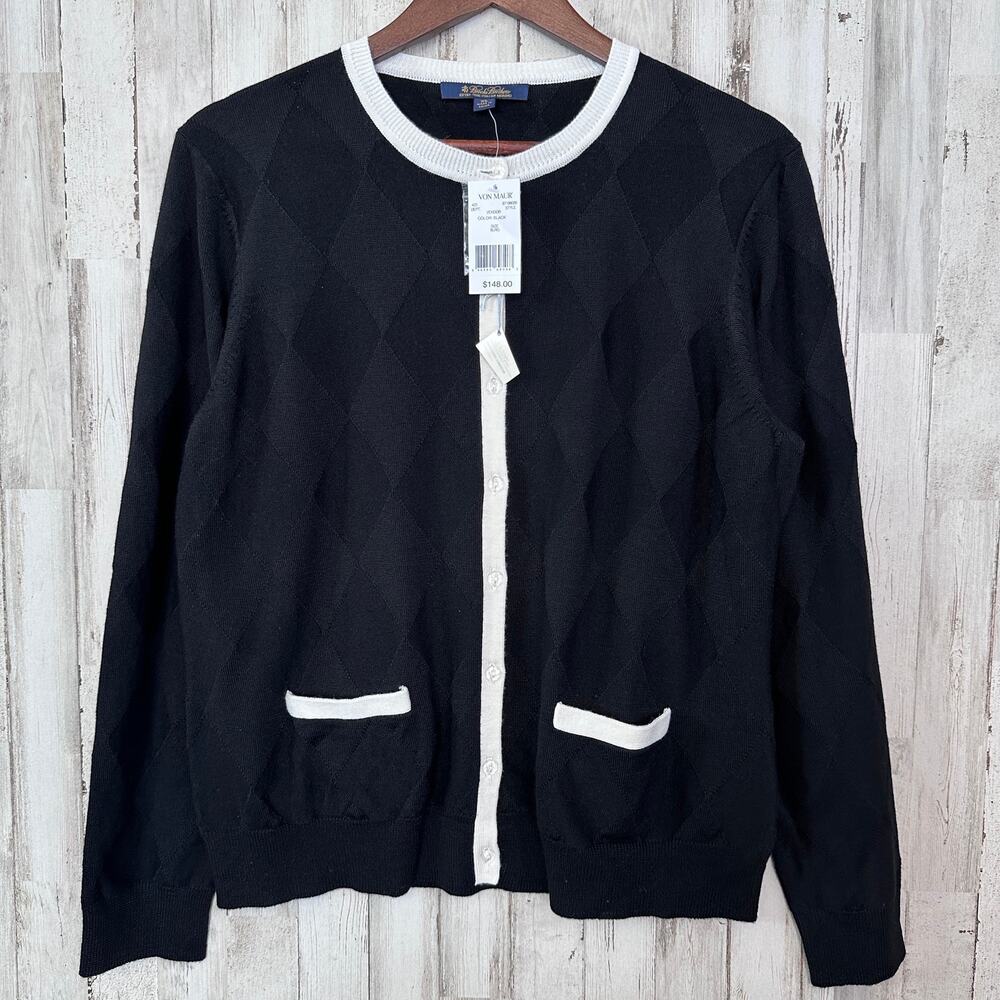 NWT Brooks Brothers Italian Merino Wool Cardigan Lady XL Black Swarovski Buttons